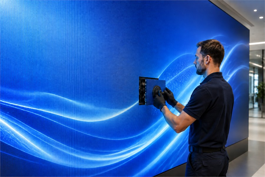 Technician removing a front-service LED module from a commercial LED screen