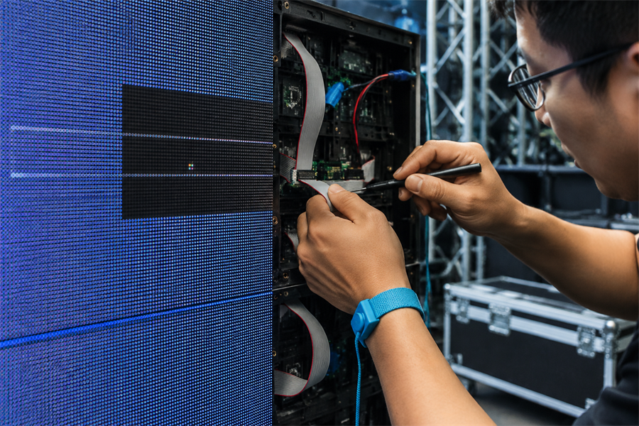 Technician checking ribbon cables behind a faulty LED screen module