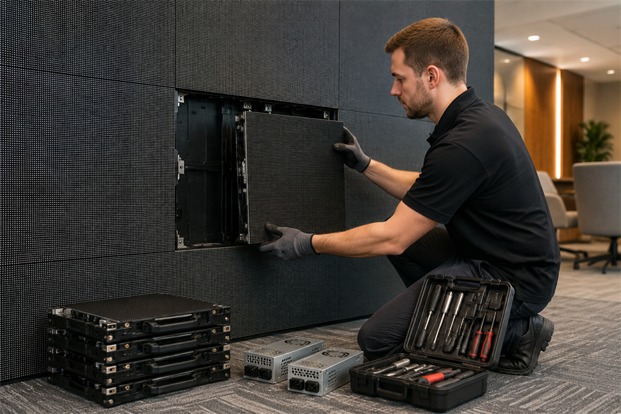 Technician replacing an LED module on an indoor video wall