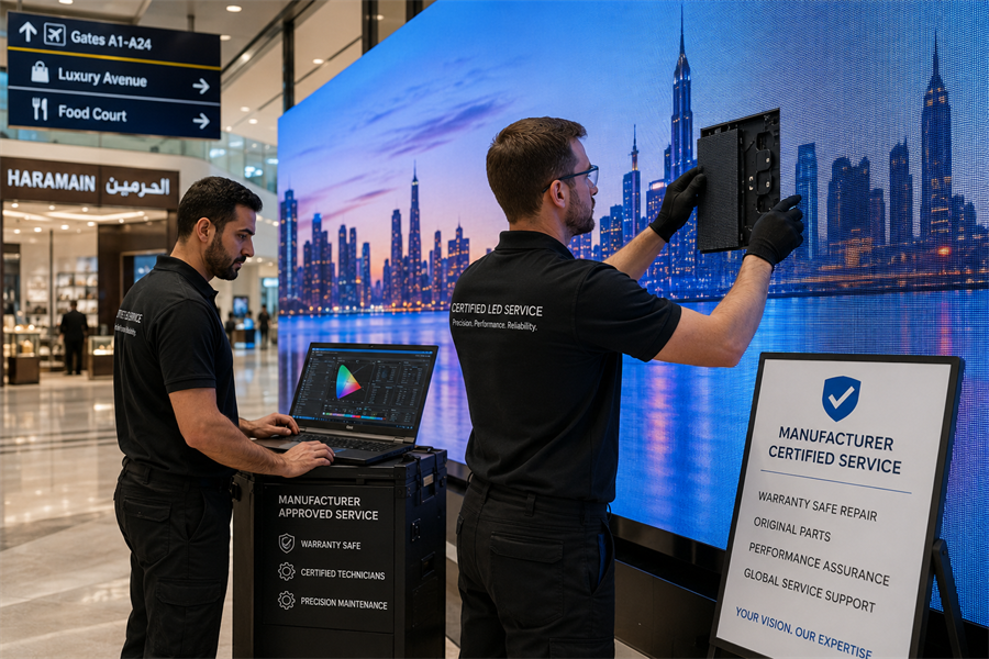 Certified technicians servicing an LED display with manufacturer-approved parts