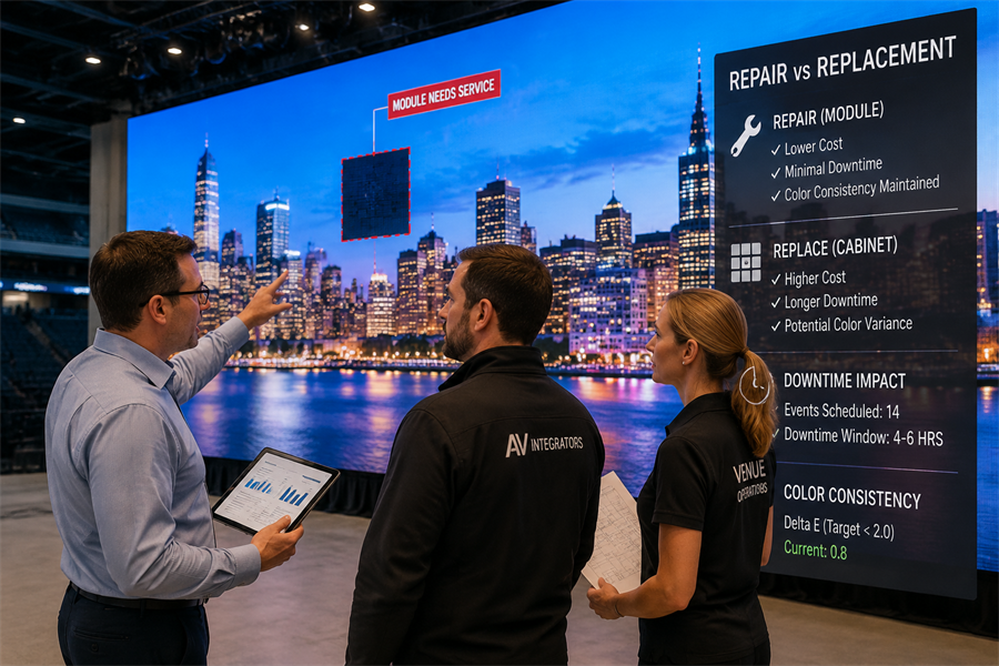 Team comparing LED screen repair and replacement options on a large display