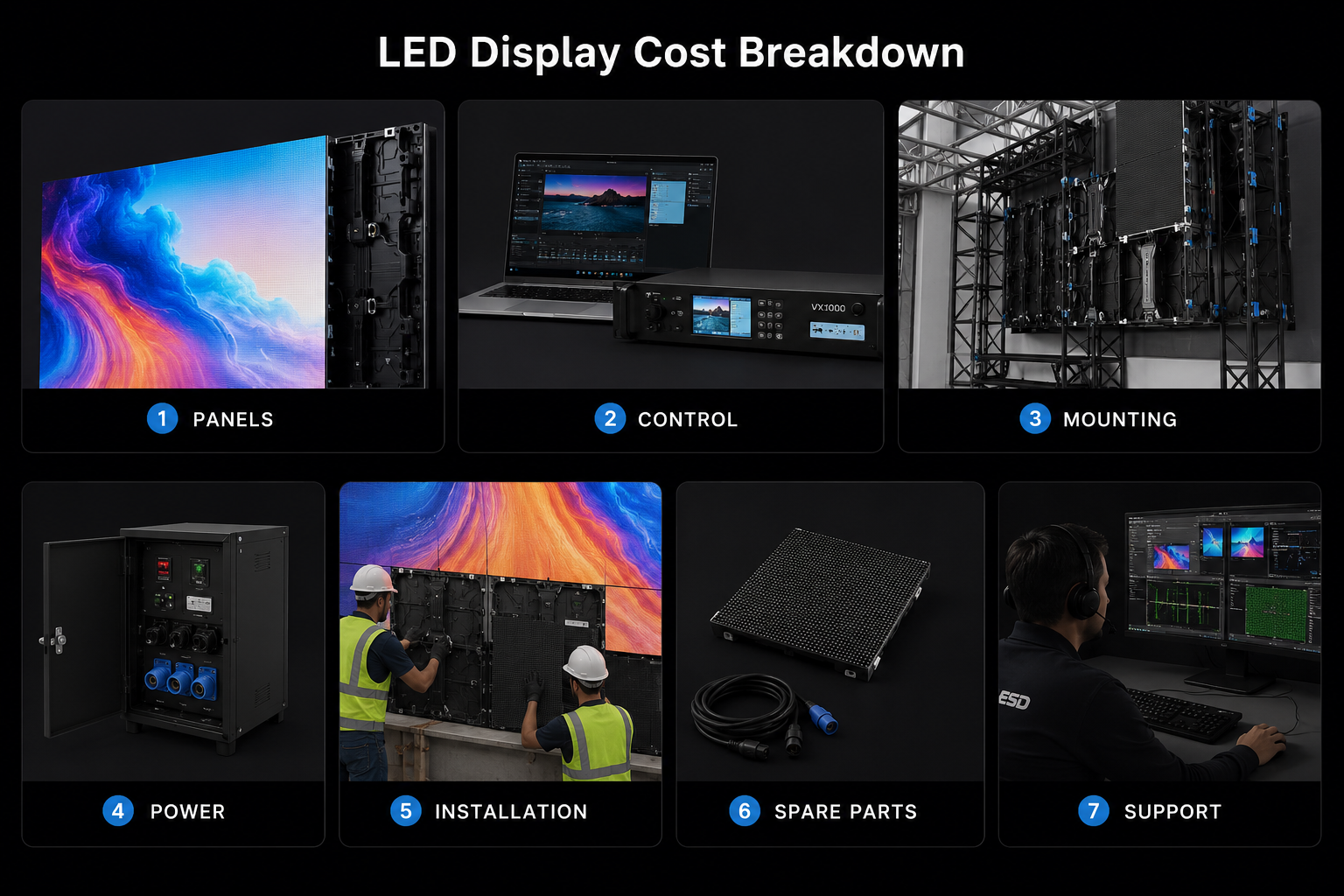 Video wall cost breakdown showing panels, control system, mounting, power, installation, spare parts, and support