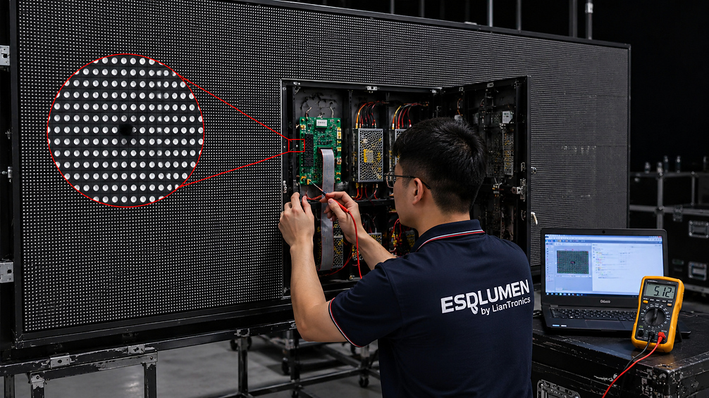 Technician diagnosing a dead pixel on an LED video wall by checking the module, ribbon cable, HUB board, and power