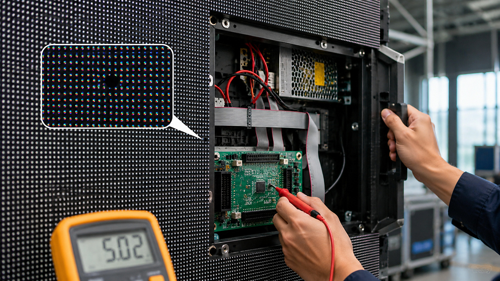 Technician testing an open LED cabinet with a multimeter to trace whether a dead pixel fault comes from the module, signal, or power path