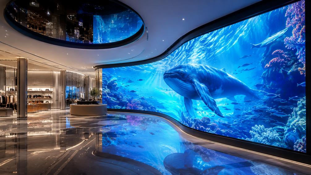 Flexible LED screen forming a sweeping curved video wall in a luxury retail showroom with immersive ocean visuals