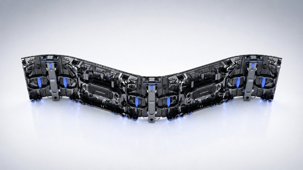 Close-up of black flexible LED display cabinets forming an adjustable arc for a curved stage build