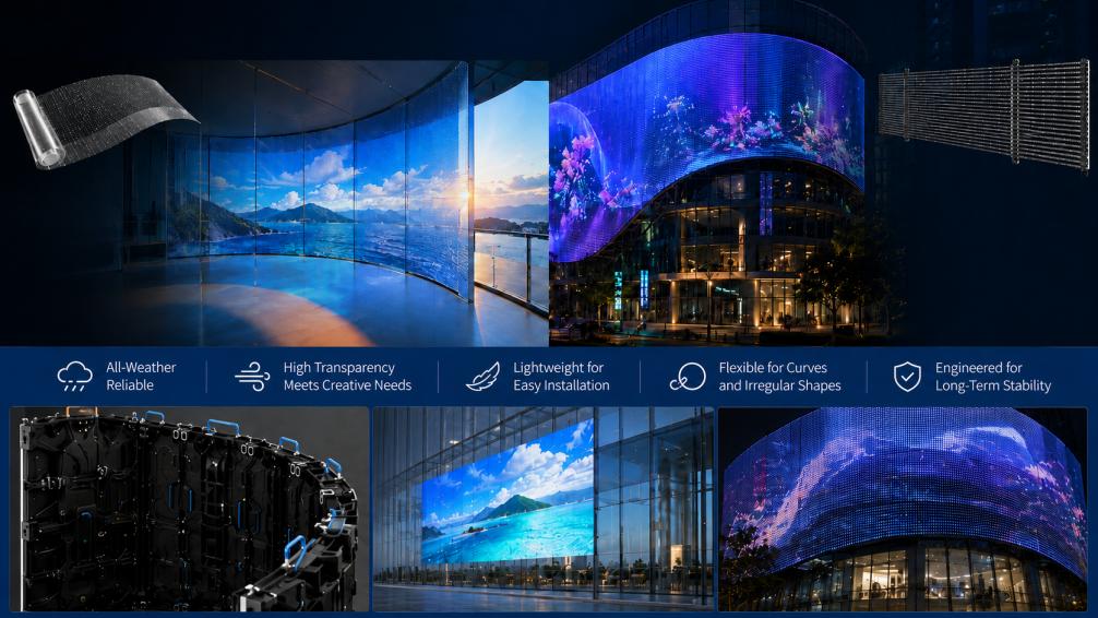 Flexible LED display showcase featuring curved glass film, mesh facade, and hinge-based panels for lightweight installations