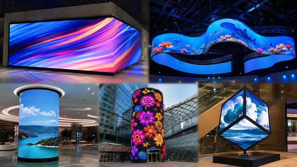 Flexible LED display showcase with curved film screens, outdoor mesh displays, and adjustable curved LED panels