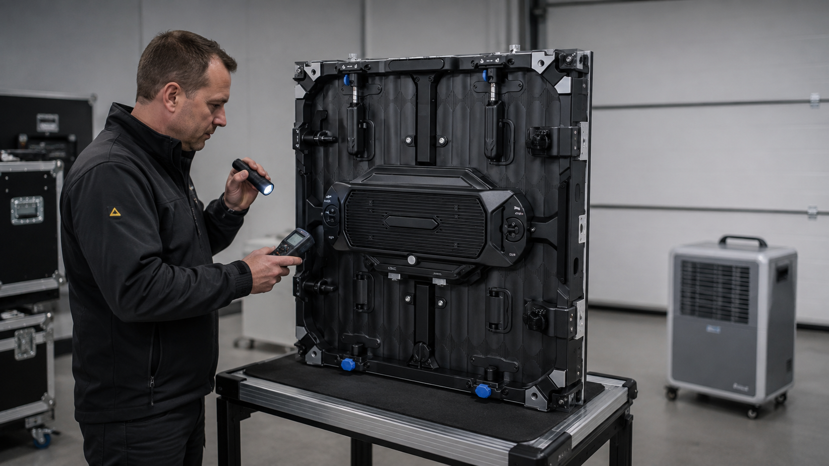 Engineer checking moisture and connectors on an Esdlumen Dazzle IV Series rental LED display after rain