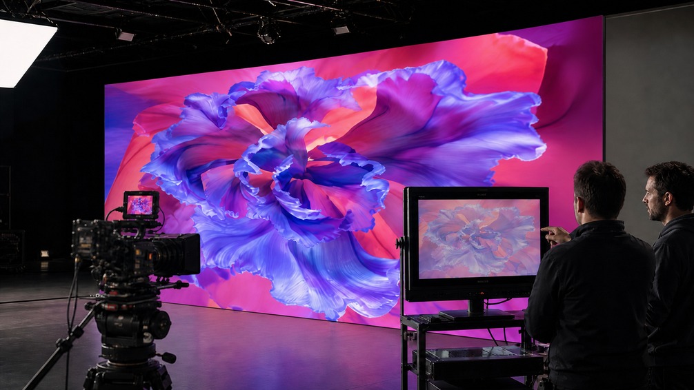 Camera-facing LED wall calibration in an XR studio with a live preview monitor during module matching