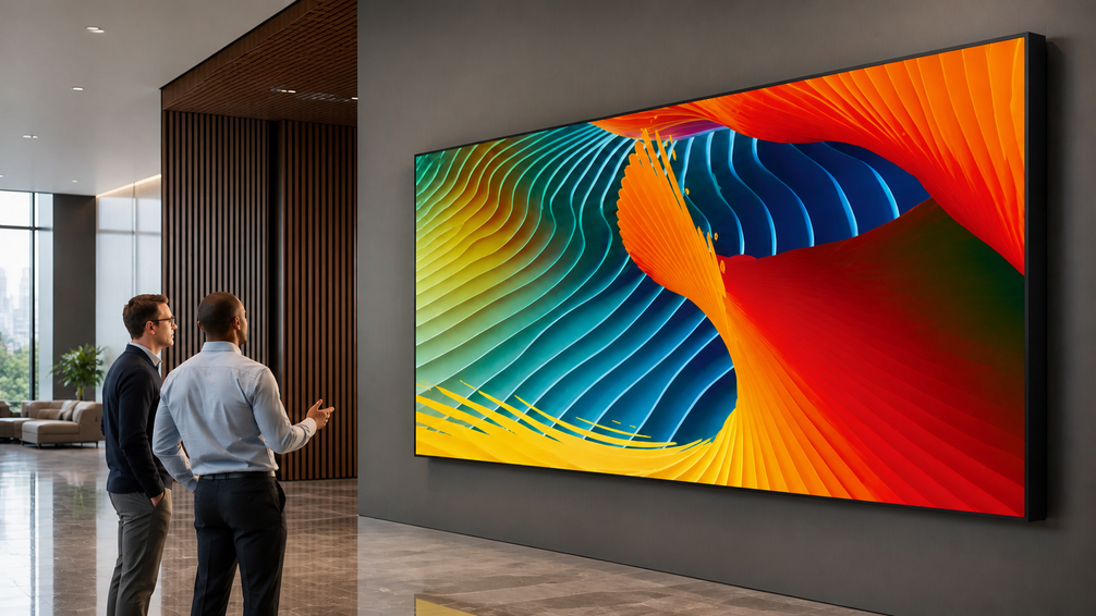 Seamless indoor LED wall in a corporate showroom for comparing LED wall and video wall project requirements