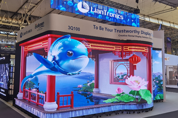 Wraparound multi-face LED display at a LianTronics exhibition stand